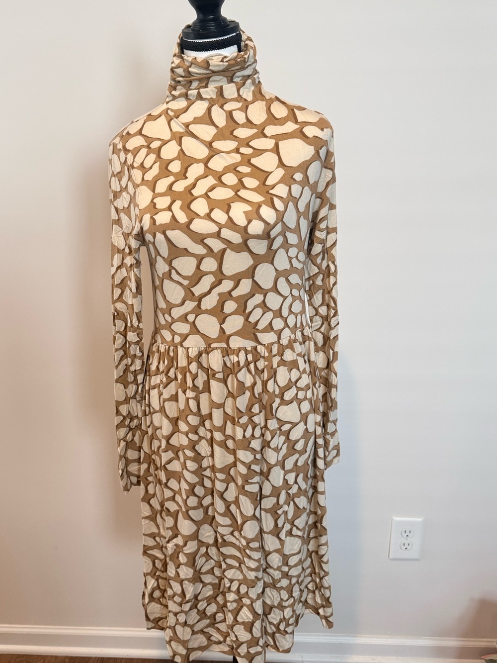 Turtleneck Long Sleeve Brown & Cream Printed Midi Dress by Madison Studio